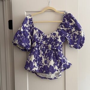 Floral Puff Sleeve Top - Purple and White